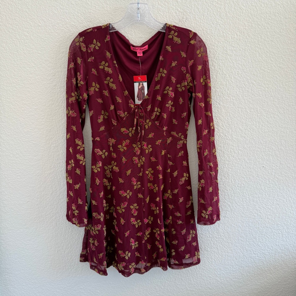 Betsey Johnson Burgundy and Olive Green Floral Mesh Babydoll Dress Long Sleeve
